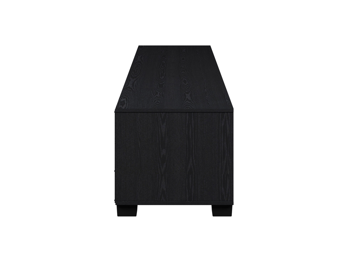 Black glass TV stand for TVs up to 85 inches, featuring a sleek black frame, three tempered glass shelves, and cable management system for a modern, organized entertainment setup.