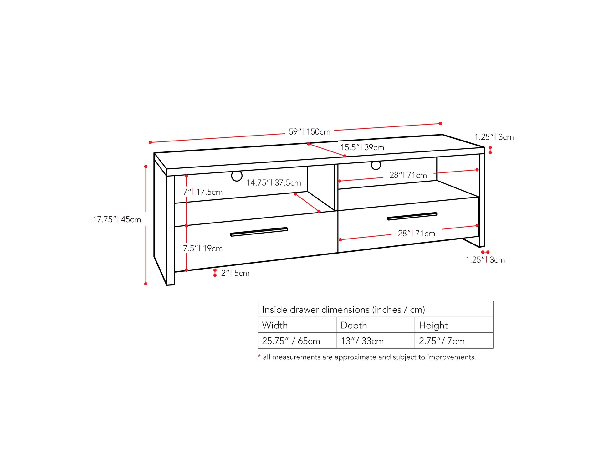 black TV Stand for TVs up to 75" Fernbrook Collection measurements diagram by CorLiving#color_black