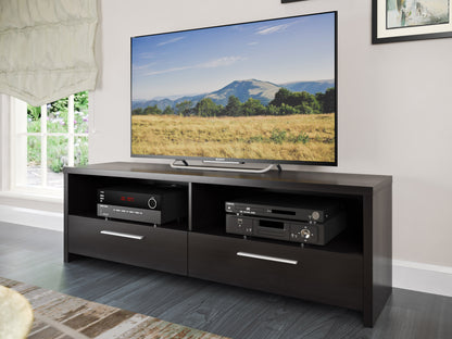 Modern wooden TV stand with open shelves and cabinets, featuring a sleek walnut finish, black metal legs, and minimalist design, ideal for contemporary living rooms and media storage solutions.