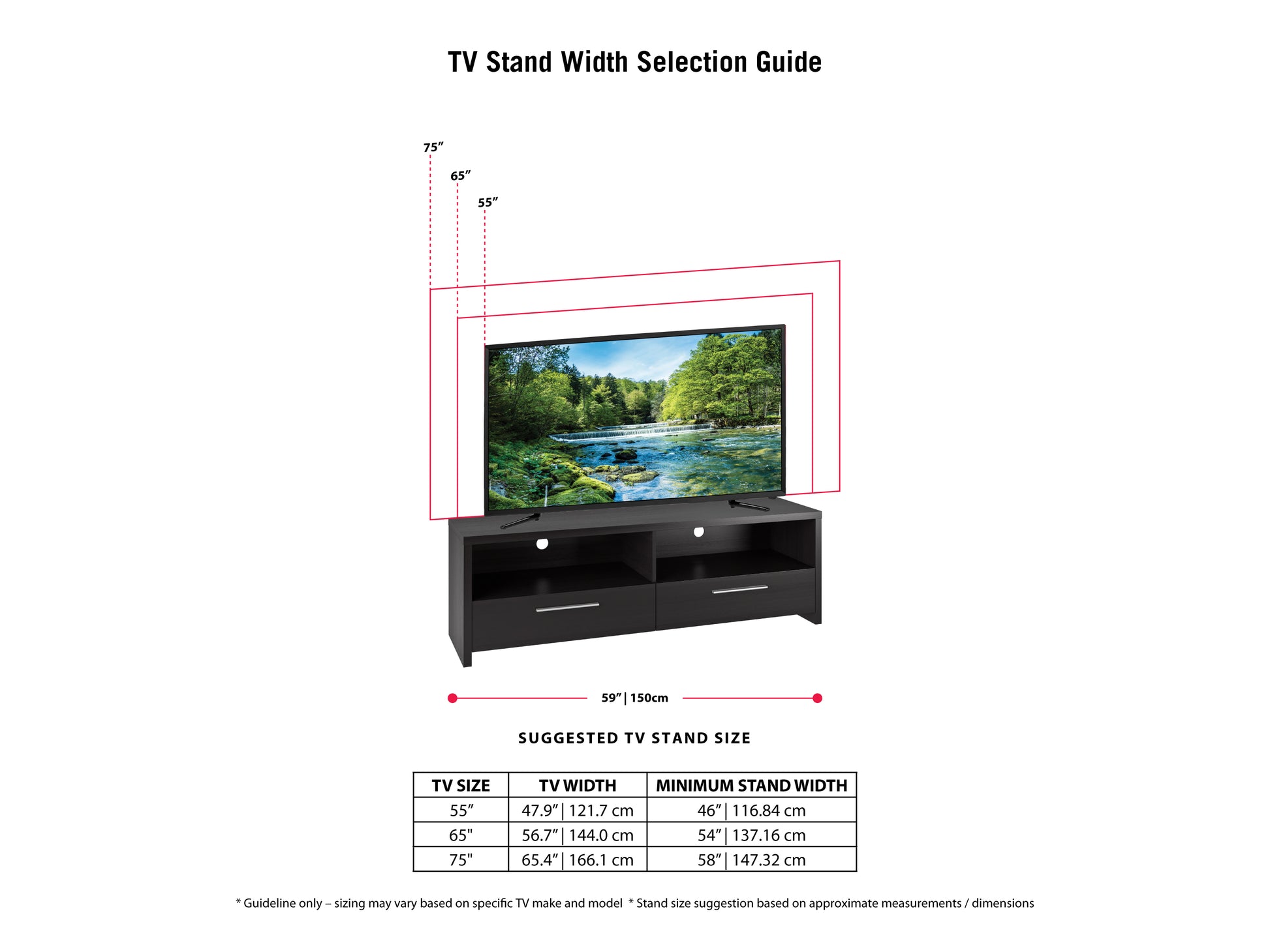 Modern TV stand with sleek black finish, featuring open shelving and two spacious drawers for storage. Made of durable wood and metal, perfect for contemporary living rooms.