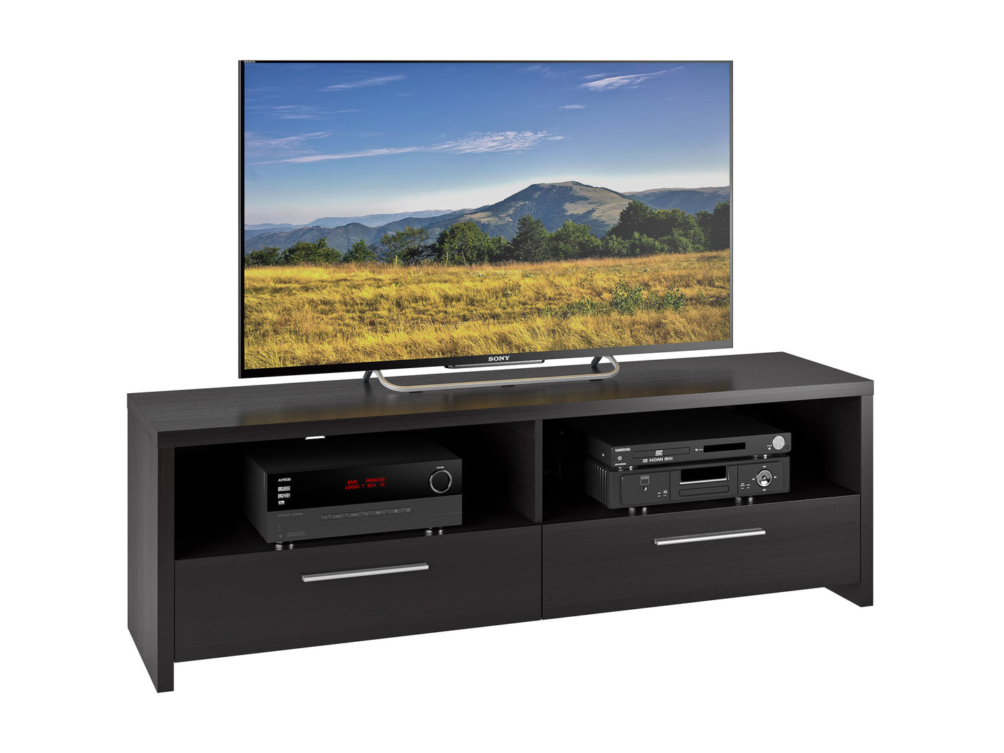 Modern TV stand with sleek black metal frame, two wooden shelves in rich walnut finish, and minimalist design. Ideal for contemporary living rooms, offering ample storage for electronics and decor.