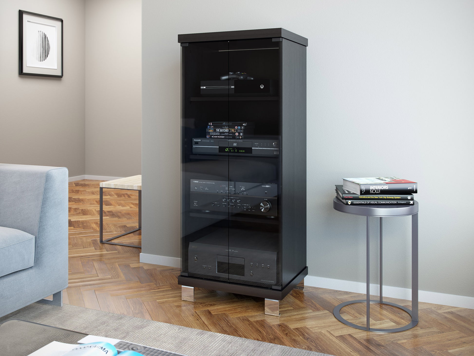 Modern media cabinet with sleek black finish, featuring a spacious open shelf, two textured sliding doors, and minimalist metal legs, perfect for contemporary living rooms and home entertainment setups.