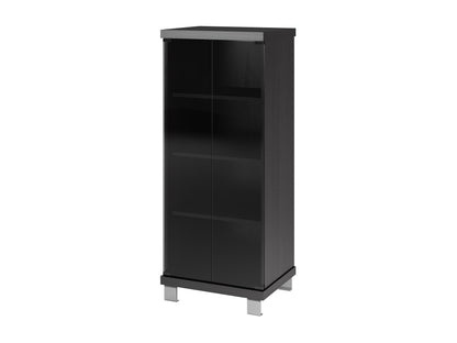 Dark brown wooden media storage cabinet with doors, featuring a sleek, modern design. The cabinet includes adjustable shelves and a smooth finish, ideal for organizing electronics and media collections.