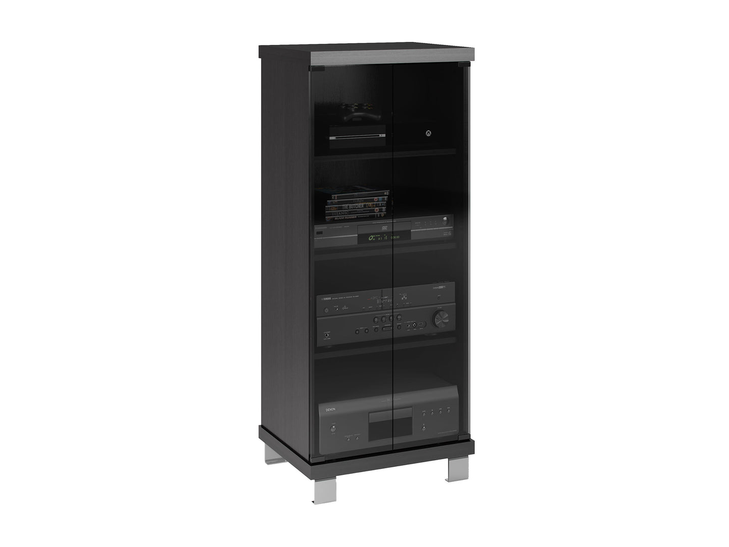 Modern media cabinet with sleek black finish, featuring two sliding doors in contrasting natural wood, spacious shelving, and a minimalist design ideal for contemporary living rooms or entertainment spaces.