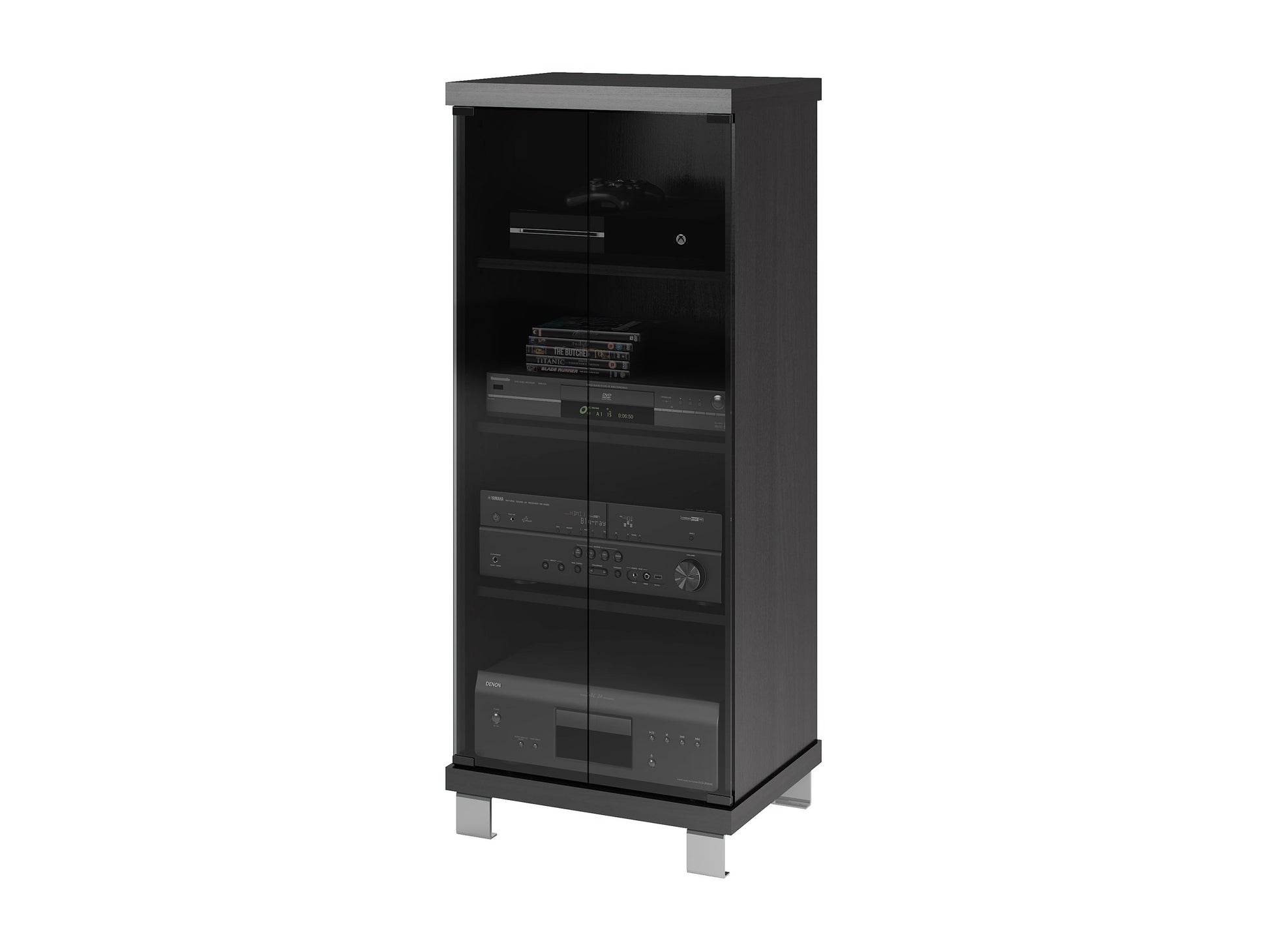 Modern media cabinet with a sleek walnut finish, featuring two sliding doors, adjustable shelves, and a minimalist design. Perfect for contemporary living rooms, providing ample storage for electronics and decor.