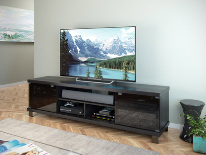 Extra long black wood TV stand with sleek design, fits TVs up to 85", featuring ample storage with multiple shelves and cabinets, modern aesthetic, sturdy construction, perfect for living rooms and entertainment areas.