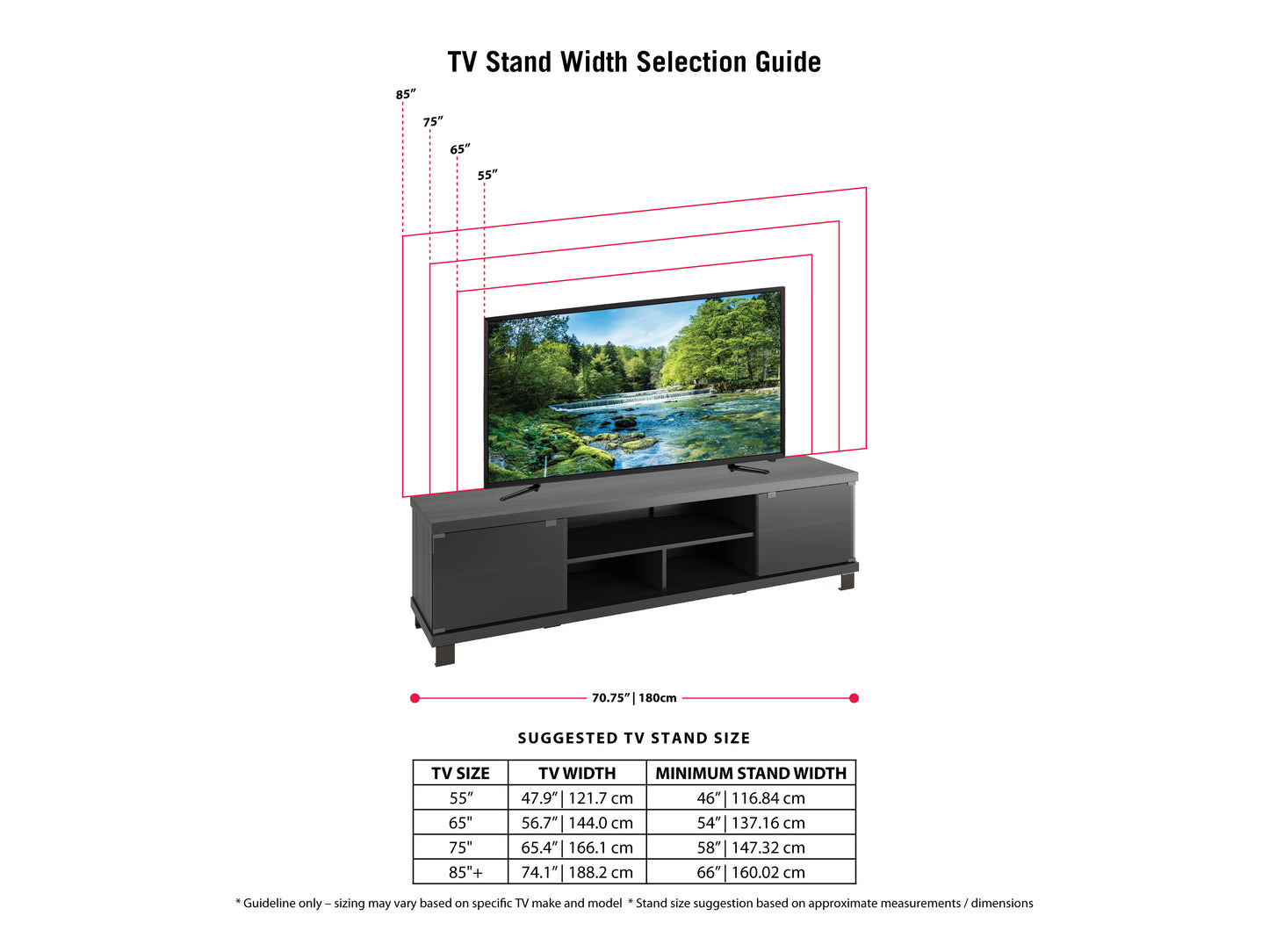 Modern TV stand with sleek black metal frame, three-tiered wooden shelves in a rich walnut finish, cable management system, and open storage design. Ideal for contemporary living rooms.