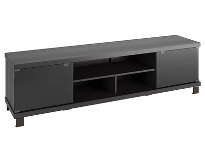 Extra long black wood TV stand with sleek design, fits TVs up to 85 inches, featuring open shelving and two spacious cabinets for storage. Ideal for modern living rooms, sturdy and stylish.