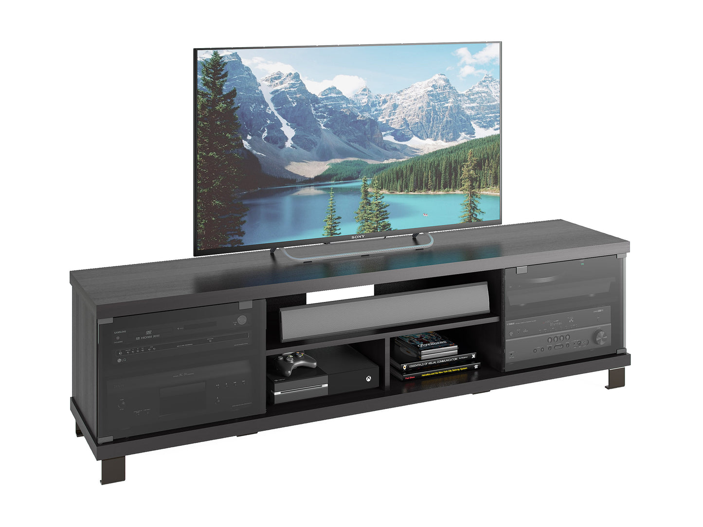 Extra long black wood TV stand with sleek design, fits TVs up to 85 inches, features modern minimalist style, ample storage with cabinets and shelves, sturdy construction, perfect for living rooms.