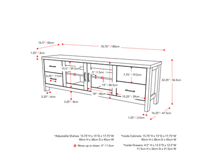 Modern TV stand for TVs up to 85", featuring a sleek black finish with natural wood accents, two spacious cabinets with doors, and a durable, minimalist design. Ideal for contemporary living rooms.