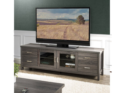 Modern TV stand with walnut finish, sleek black metal frame, two open shelves, and a spacious top surface, perfect for contemporary living rooms.