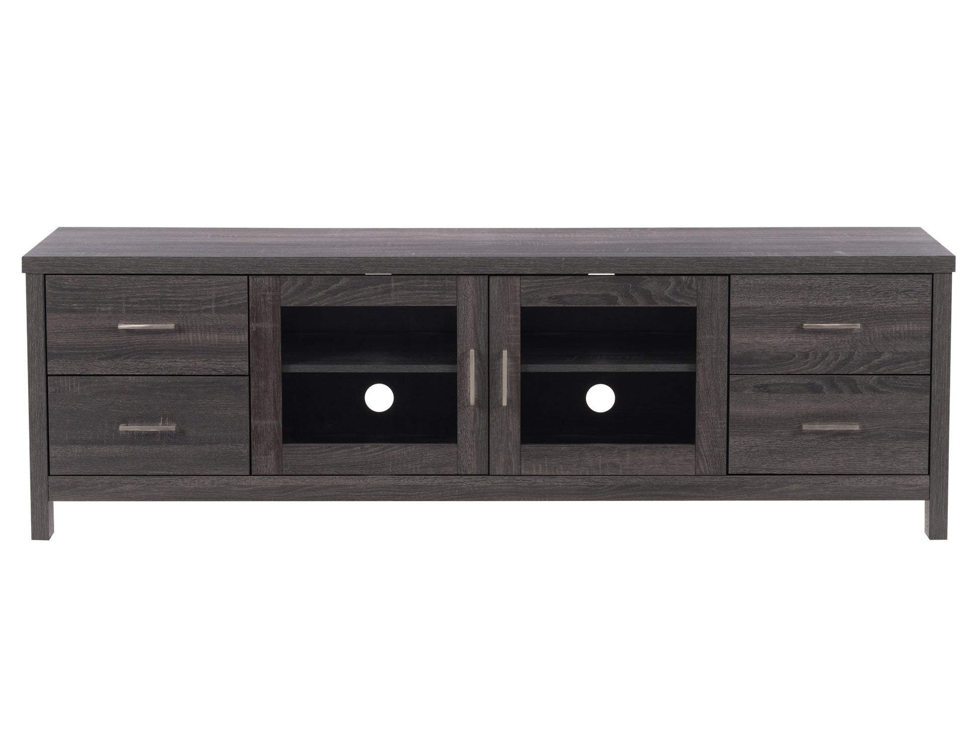 Modern TV cabinet with doors, fits TVs up to 85 inches, featuring a sleek black finish, sturdy wooden construction, minimalist design, and ample storage space with adjustable shelves for media accessories.