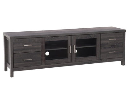 Modern wooden TV stand with sleek black metal legs, featuring two spacious cabinets and a central open shelf, perfect for living room storage and entertainment setup.