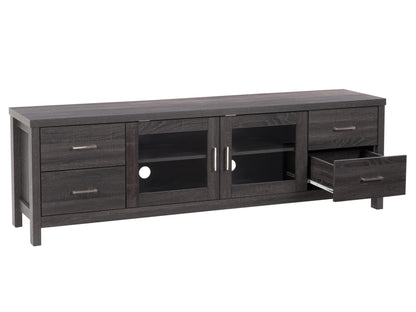 Modern TV cabinet with doors, sleek black and walnut finish, accommodates TVs up to 85 inches, features ample storage space, minimalist design, sturdy construction, and cable management system.