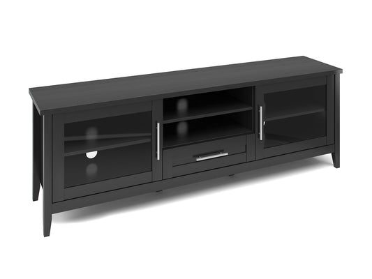 Modern wooden TV stand with two open shelves, three drawers, and sleek metal handles. Features a rich brown finish, smooth texture, and sturdy construction. Ideal for organizing media equipment and decor.