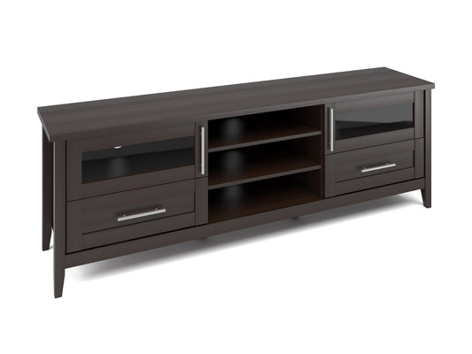 Modern wooden TV stand with dark walnut finish, featuring two open shelves, sleek metal legs, and minimalist design. Ideal for contemporary living rooms.