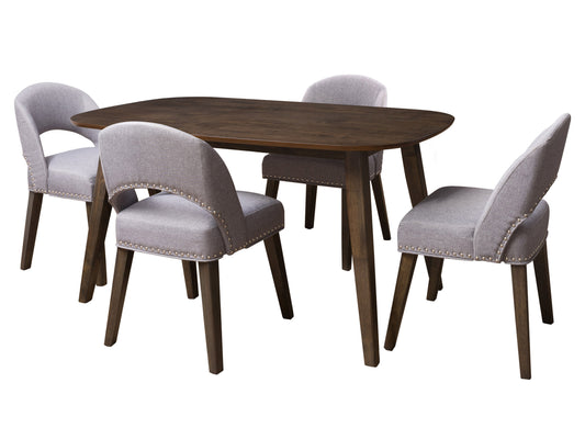 Mid-century modern dining set with four upholstered chairs and a rectangular wooden table, featuring a rich walnut finish and sleek tapered legs. Perfect for contemporary dining spaces.