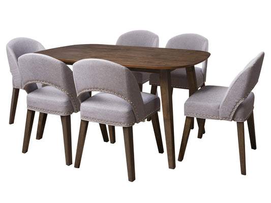 Mid-century modern 7-piece dining set with a walnut wood table and six upholstered, curved-back chairs in light gray fabric. Sleek lines, tapered legs, and minimalist design perfect for contemporary dining spaces.