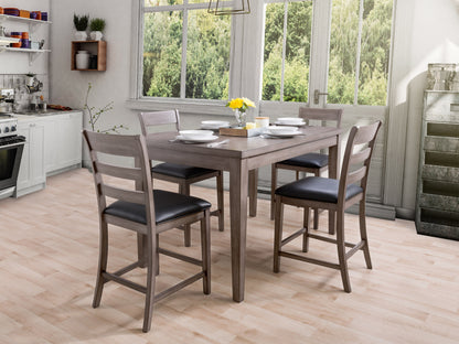 Modern 5 piece counter height dining set with a sleek black metal frame, gray cushioned stools, and a glass tabletop, perfect for contemporary kitchens and dining areas.