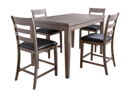 5 piece counter height dining set with dark wood table, beige upholstered chairs, and sturdy construction, perfect for modern dining rooms.