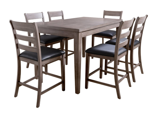 7 piece counter height dining set with dark wood table and cushioned chairs, featuring beige upholstery and elegant nailhead trim, perfect for modern dining rooms or kitchens.