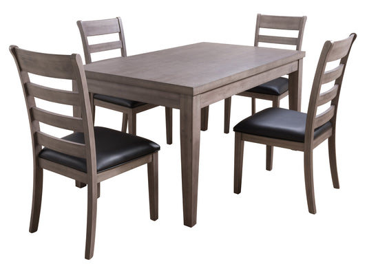 Modern dining set with rectangular wooden table, black metal legs, and four matching chairs. Chairs feature cushioned seats in gray fabric with sleek black frames. Perfect for contemporary dining rooms.