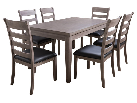 7 piece wooden dining set with a rectangular table and six cushioned chairs, featuring a dark brown finish, elegant wood grain texture, and beige upholstery, perfect for modern dining rooms.