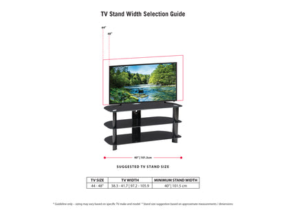 Modern wooden TV stand with sliding glass doors, featuring a sleek black finish and spacious storage shelves, perfect for contemporary living rooms.