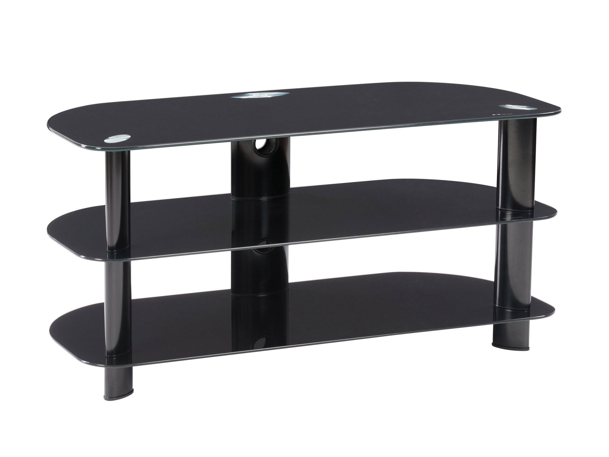 Black glass TV stand with chrome legs, sleek modern design, fits TVs up to 48 inches, three-tier shelving for media devices, contemporary home entertainment furniture.