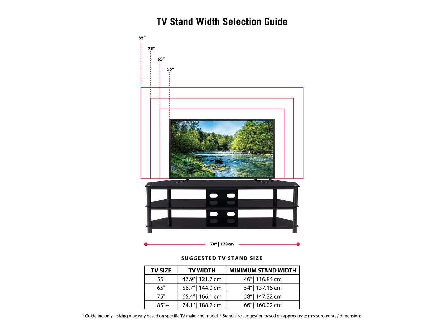 Black TV Bench for TVs up to 85" Travers Collection infographic by CorLiving#color_black