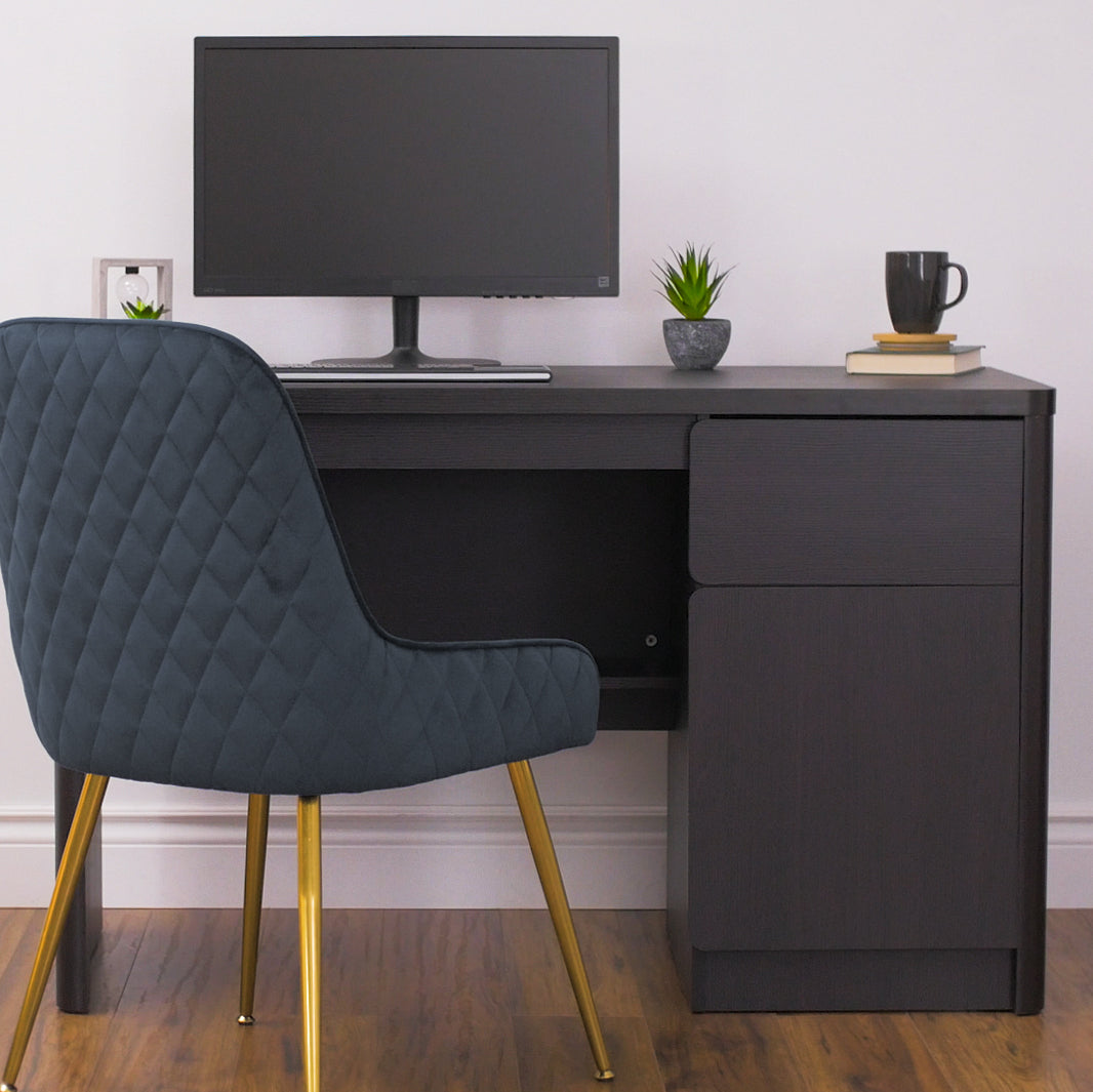 Modern wooden desk with built-in cabinet, featuring a sleek black finish and minimalist design, perfect for home office or study spaces.