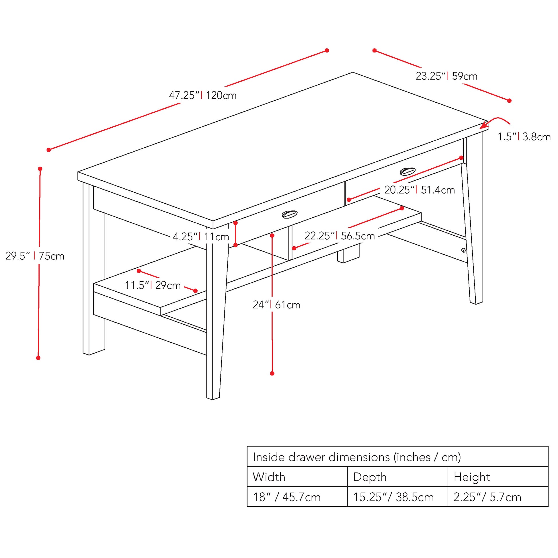 dark brown Dark Wood Desk Folio Collection measurements diagram by CorLiving#color_dark-brown