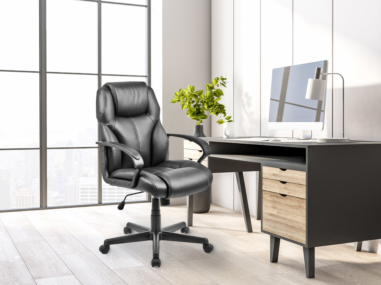 Black ergonomic office chair with high backrest, adjustable armrests, and mesh fabric for breathability. Features a sturdy metal base with smooth-rolling casters and lumbar support for enhanced comfort and productivity.