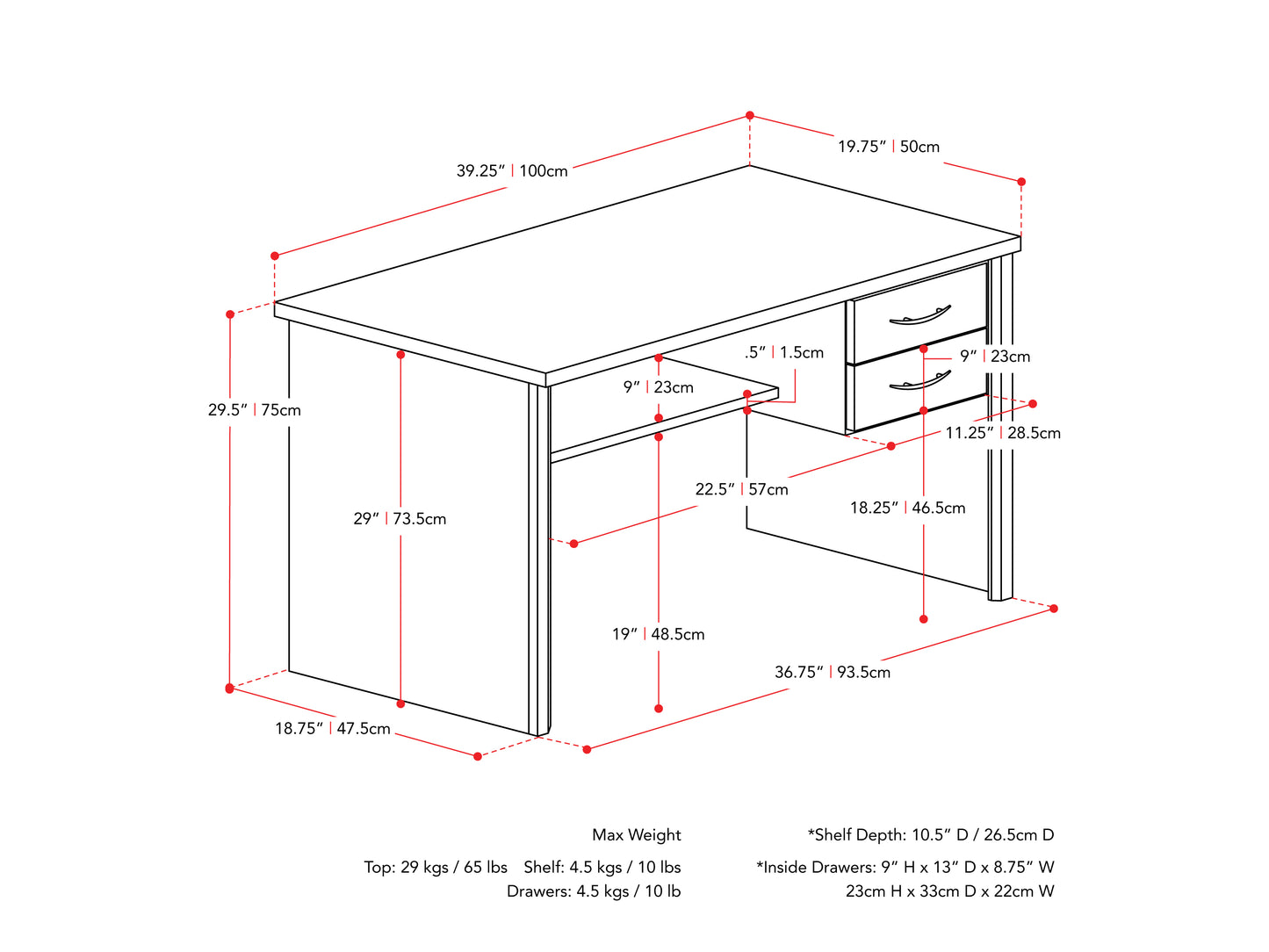brown Desk with Drawers Kingston Collection measurements diagram by CorLiving#color_brown