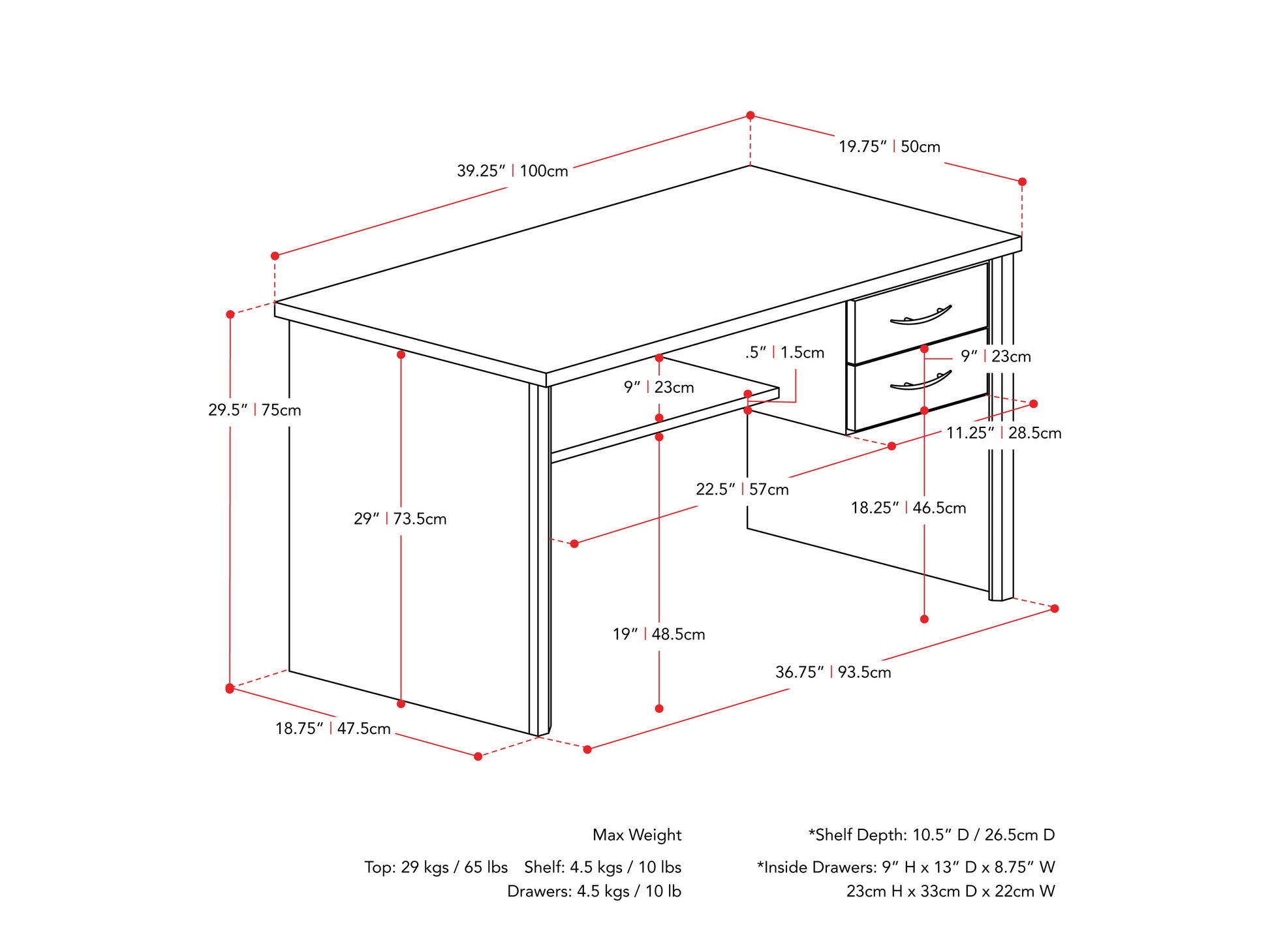 brown Desk with Drawers Kingston Collection measurements diagram by CorLiving#color_brown