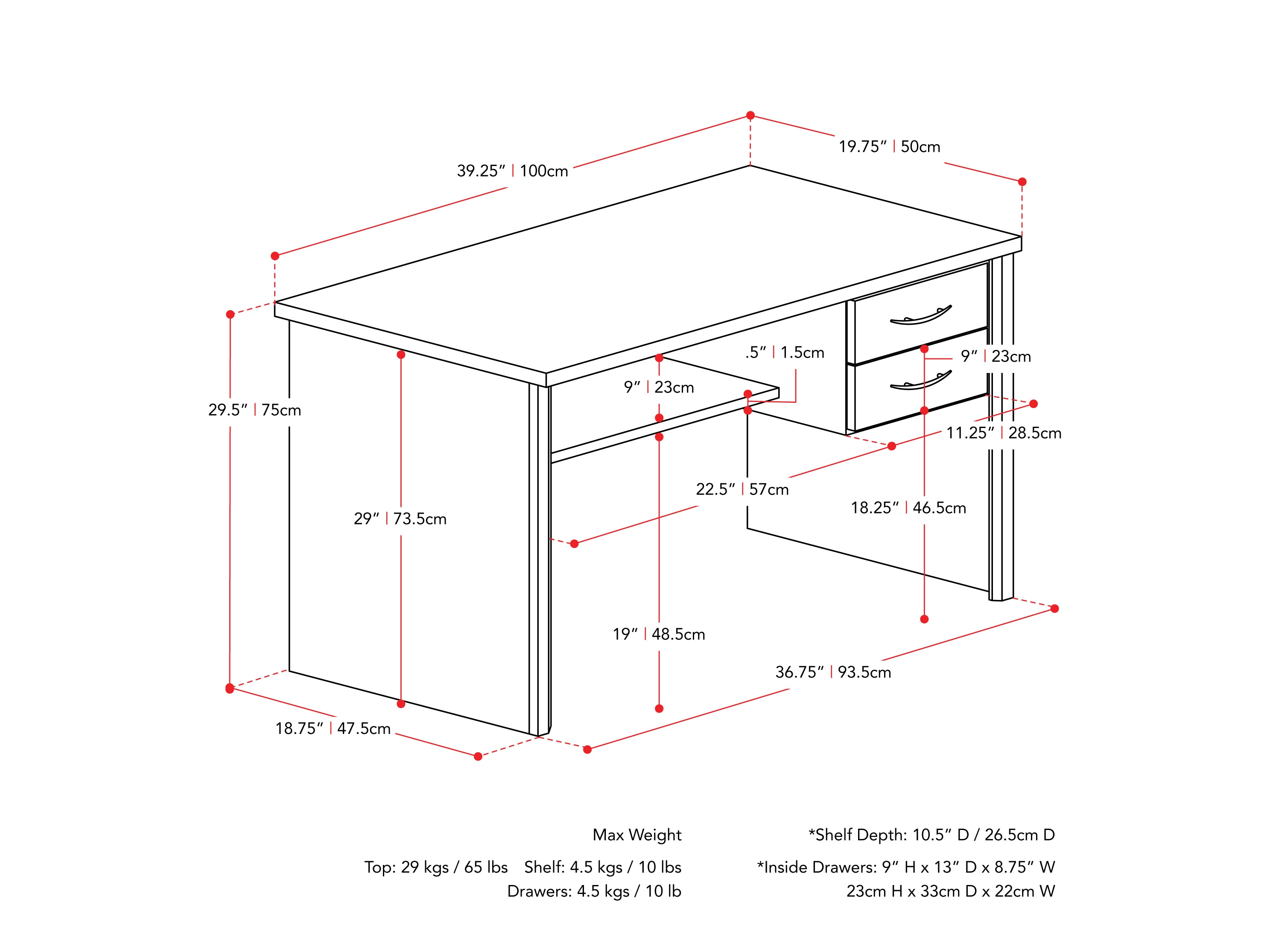 black brown Desk with Drawers Kingston Collection measurements diagram by CorLiving#color_black-brown