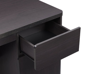 Modern wooden desk with two-tone finish, featuring a spacious work surface, integrated storage cabinet, and sleek metal hardware. Ideal for home office organization and contemporary decor.