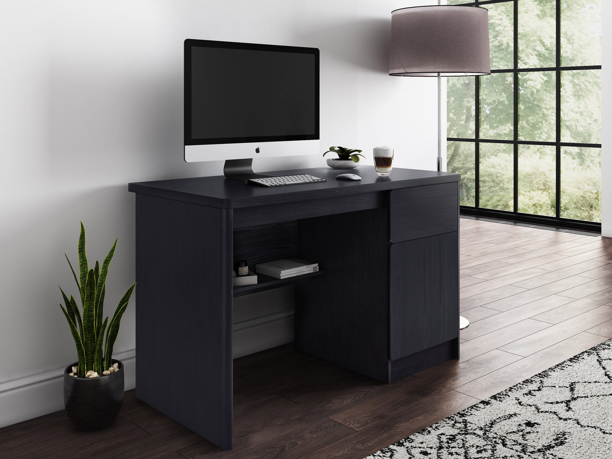 Modern white desk with natural wood legs, featuring a sleek, minimalist design and a spacious surface, ideal for home office or study use.