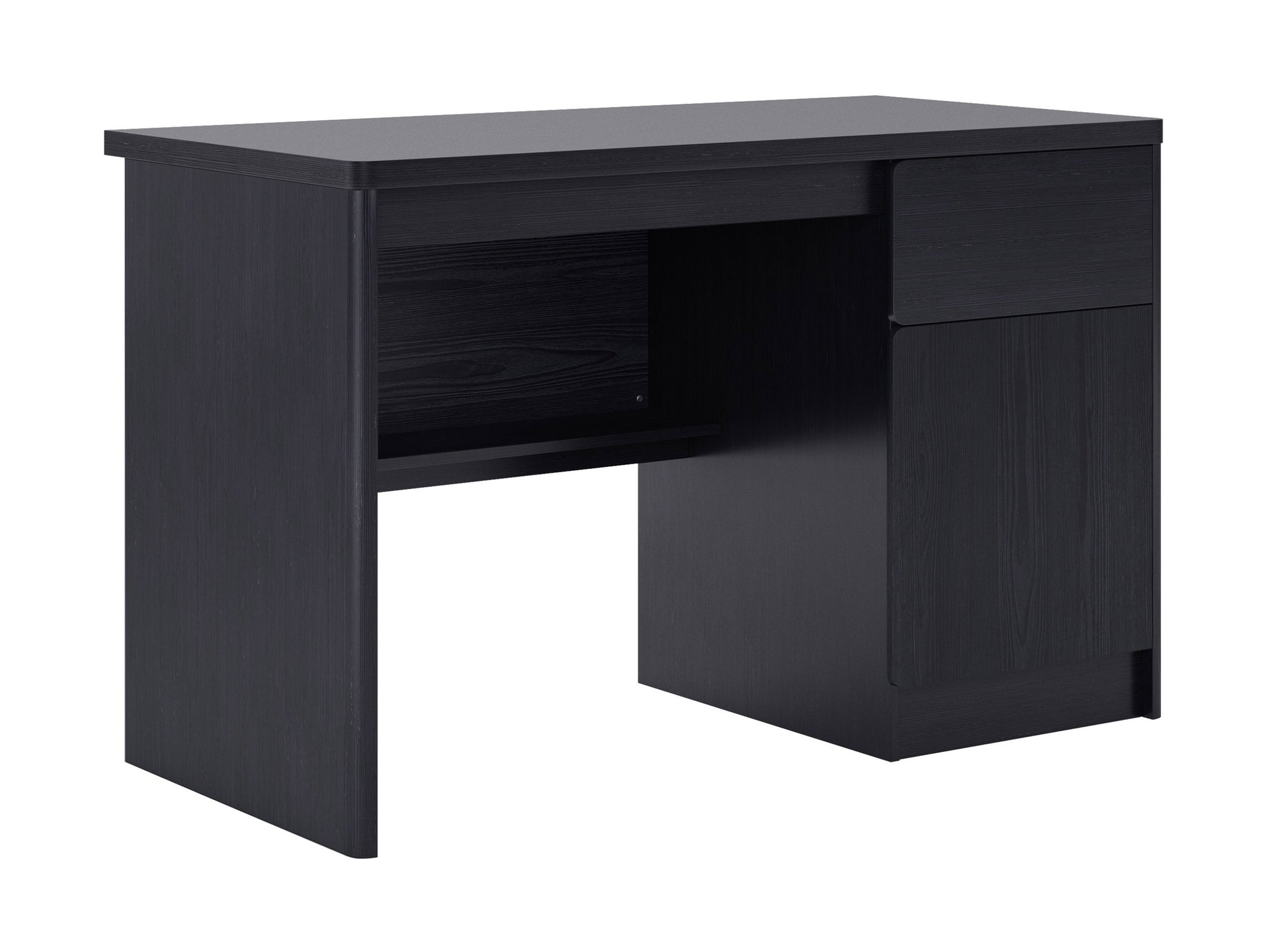 Modern wooden desk with left-side cabinet, featuring a rich walnut finish, sleek metal handles, and spacious storage drawers. Ideal for home office or study, offering a stylish and functional workspace solution.