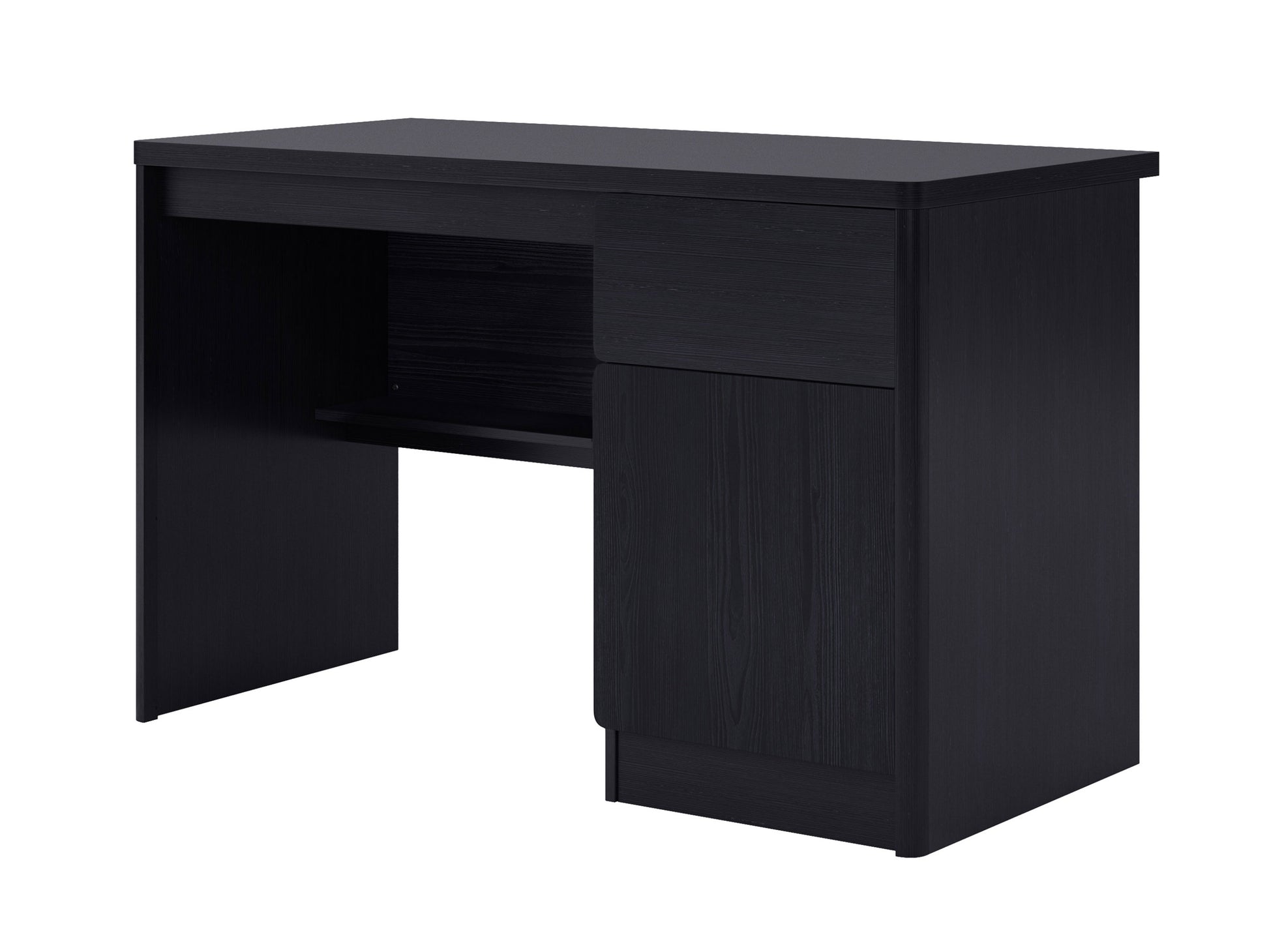 Modern wooden desk with sleek black metal legs, integrated cable management, and spacious work surface, ideal for home office or study. Natural wood grain finish complements contemporary and minimalist décor.