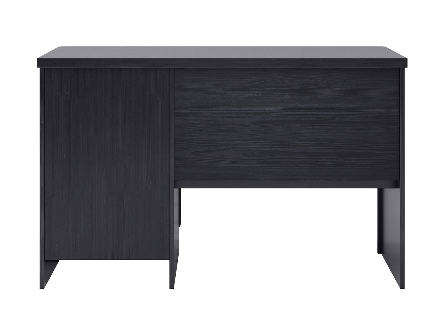 Modern wooden desk with sleek black metal frame, spacious work surface, and integrated storage shelf. Ideal for home office or workspace, combining contemporary design with functionality and durability.