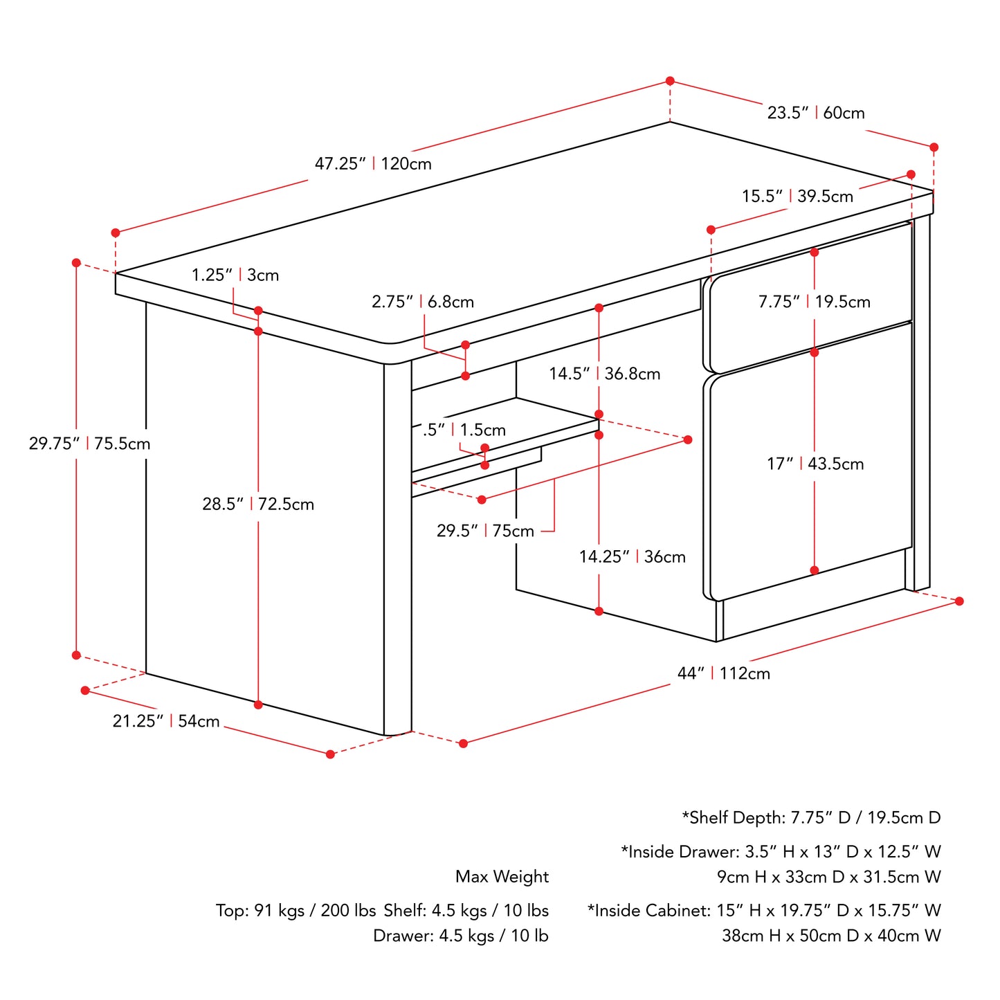 black brown Desk with Cabinet Kingston Collection measurements diagram by CorLiving#color_black-brown