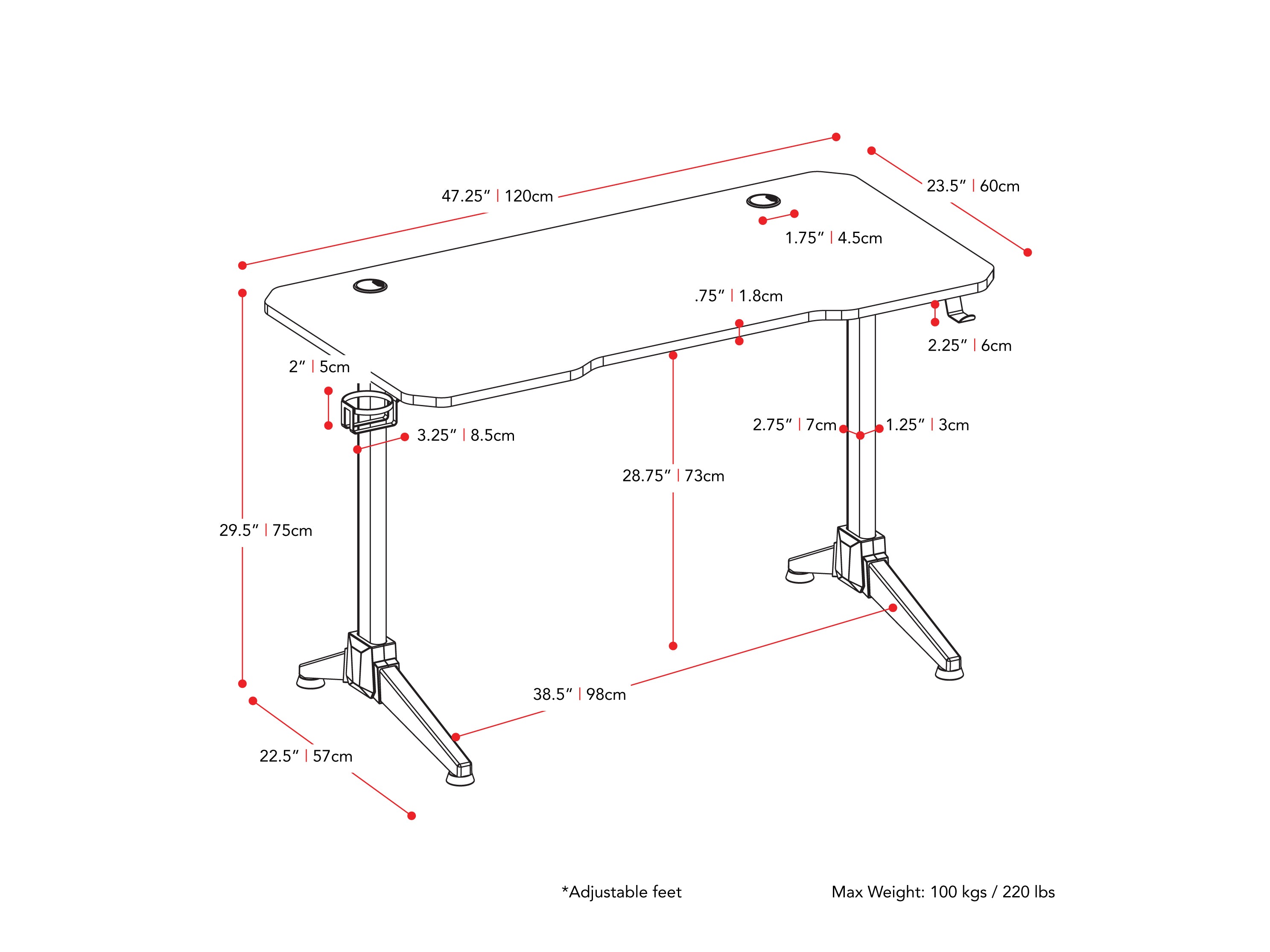 Red and Black Gaming Desk with LED Lights Conqueror Collection measurements diagram by CorLiving#color_red-and-black