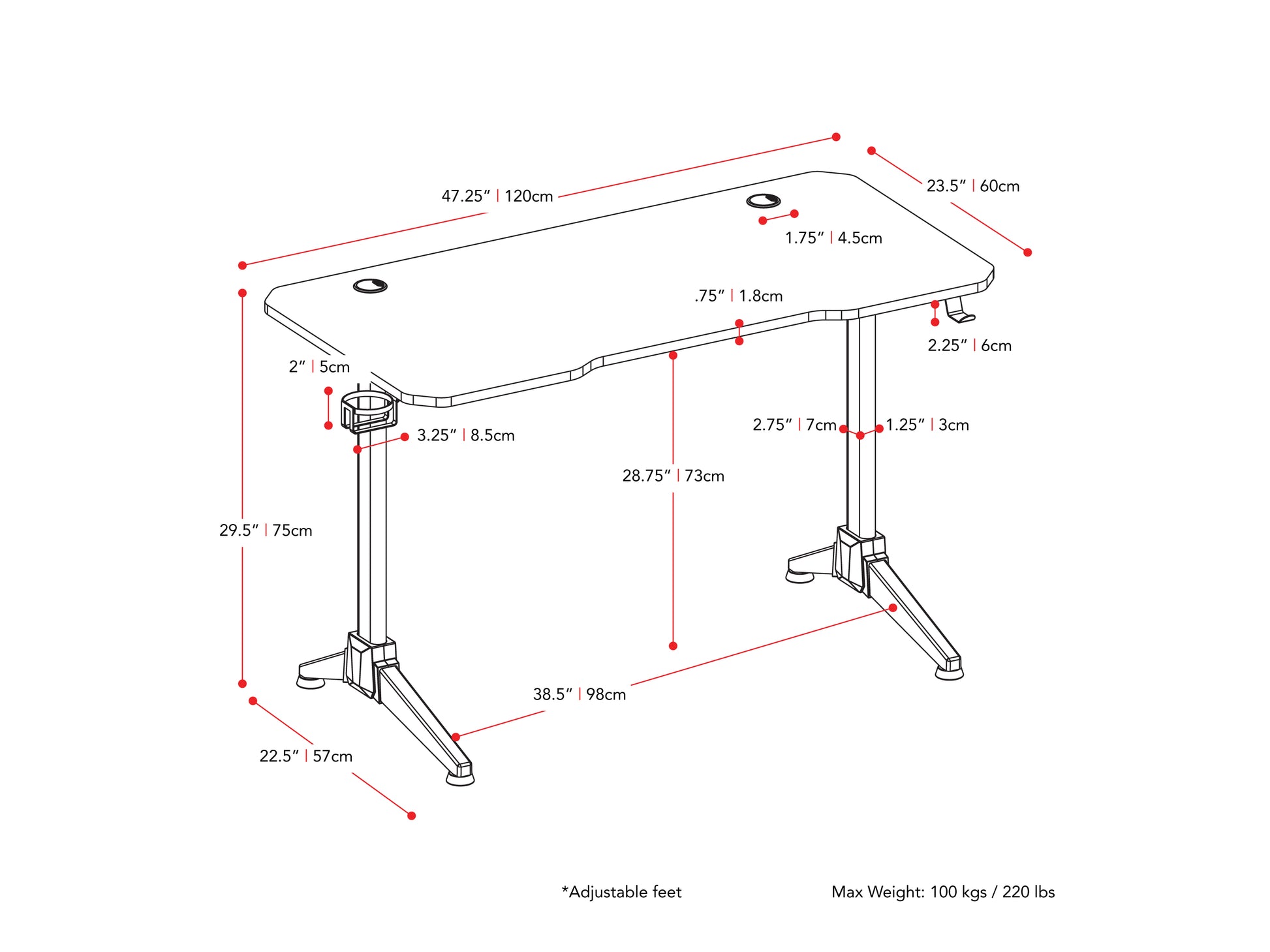 Red and black gaming desk with LED lights, featuring a sleek carbon fiber texture, ergonomic design, cup holder, headphone hook, and sturdy metal frame. Ideal for gamers seeking style and functionality.