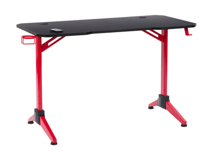 Red and black gaming desk with LED lights, featuring a sleek carbon fiber texture, sturdy metal frame, and built-in cable management system. Ideal for gamers seeking a stylish and functional workspace.