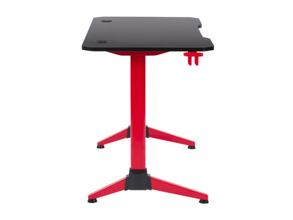 Red and black gaming desk with LED lights, featuring a sleek carbon fiber texture, sturdy metal frame, built-in cup holder, headphone hook, and cable management system for an organized gaming setup.