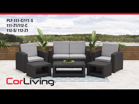 Gray wicker patio conversation set with beige cushions, featuring a glass-top coffee table, two armchairs, and a loveseat, perfect for outdoor lounging and entertaining in a modern garden or backyard setting.